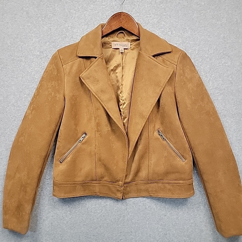 Philosophy Republic Women's Brown Faux Suede Open Front Motorcycle Jacket Sz XS